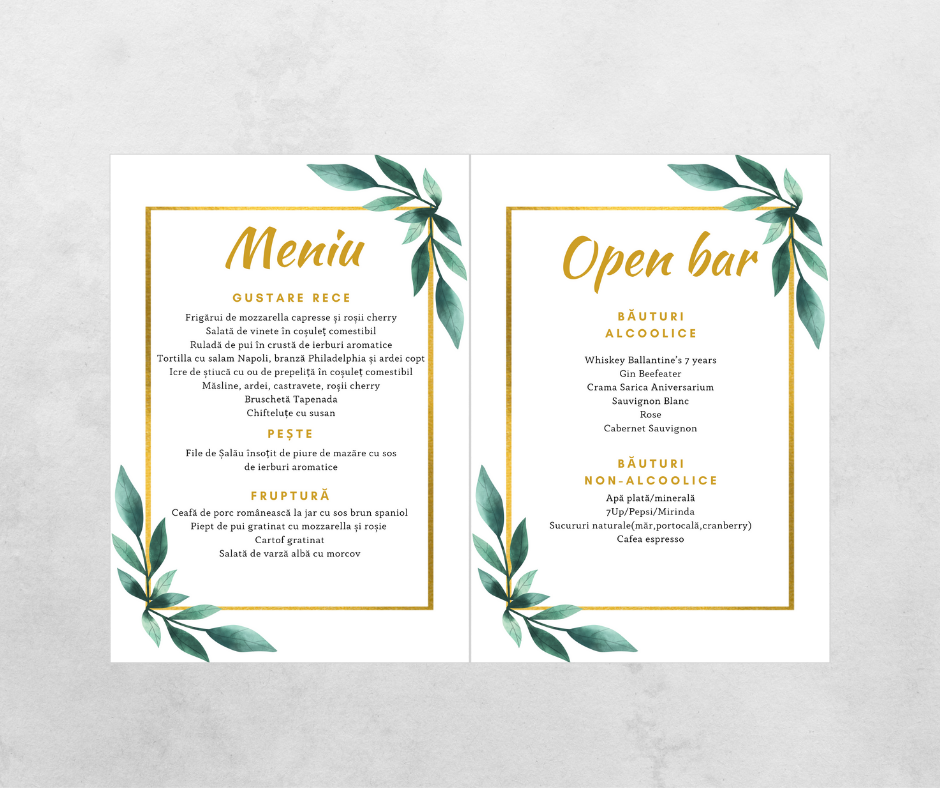 Meniu personalizat, Model 9, tip carte, 14x21cm