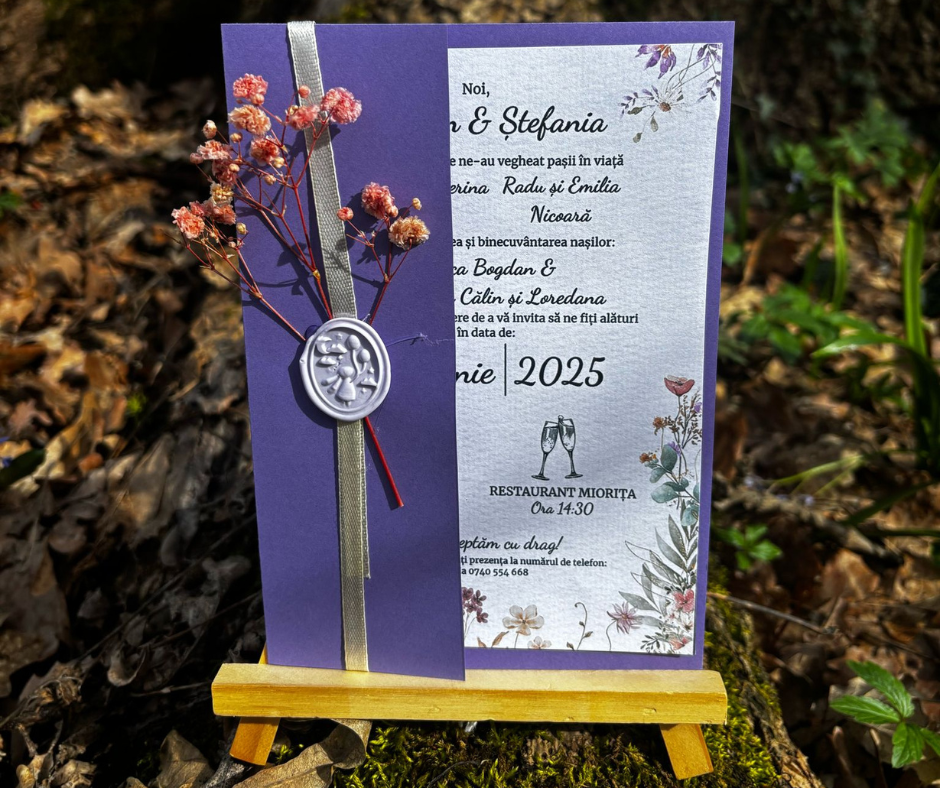 Invitatie nunta 15x18 cm cu sigiliu si floare uscata, model 89