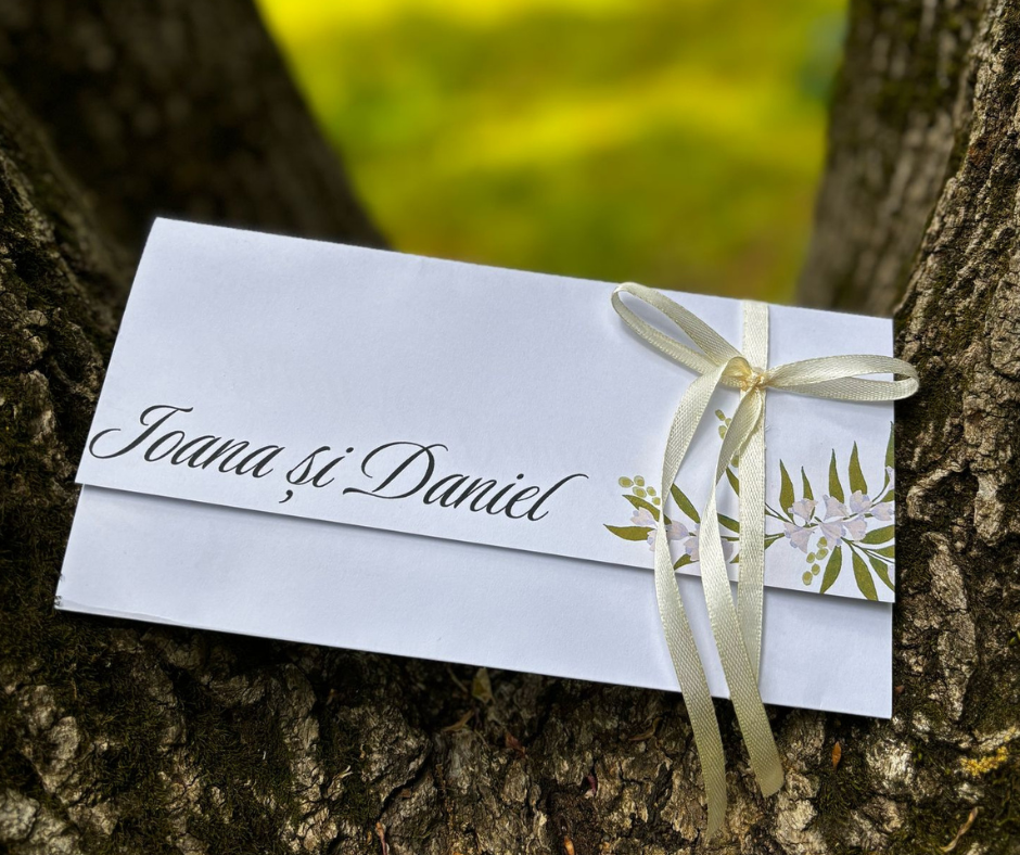 Invitatie A4 pliata cu fundita, model 105