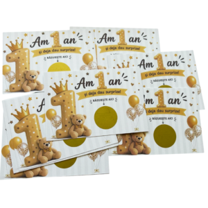 Set 60 lozuri răzuibile pentru aniversare 1 an bebe, mesaje haioase și surprize, petrecere copii, dimensiune 10x7cm.